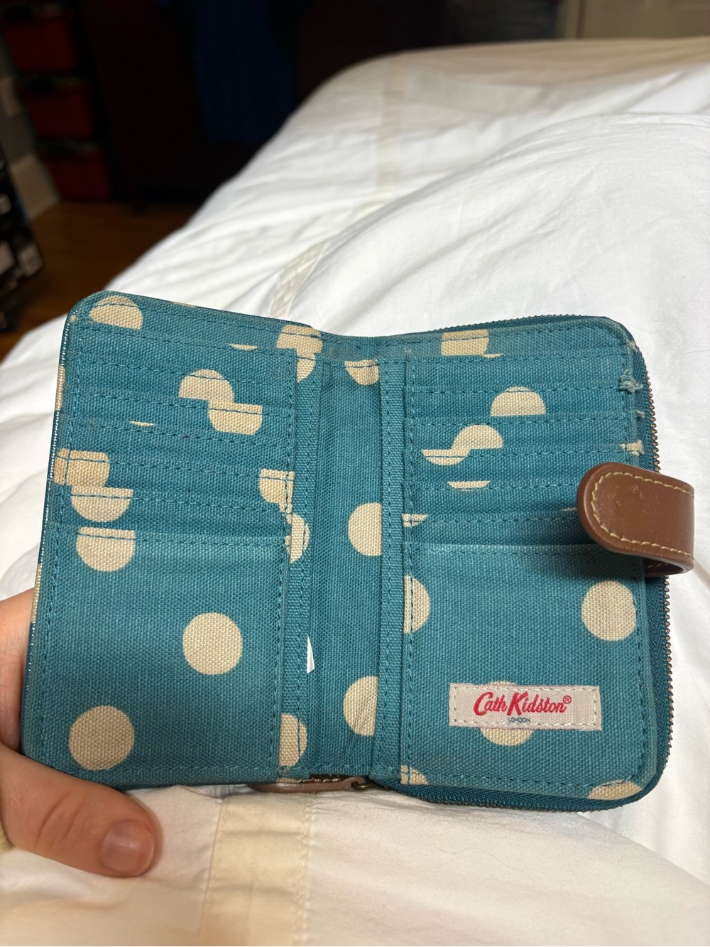 CathKidston Teal Polka Dot Wallet with Brown Trim - Picture 3 of 3